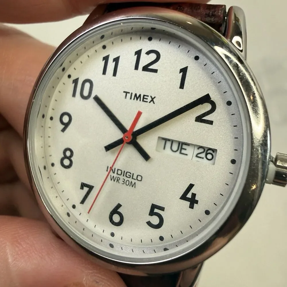 TIMEX Men's Watch T20041 Easy Reader Day/Date Silver Brown Leather 34mm NEW